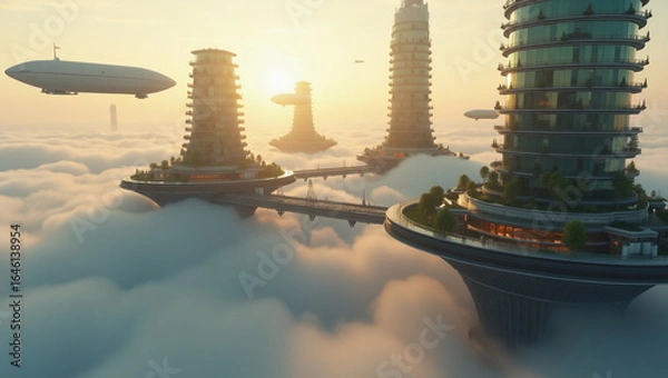 Fototapeta Cloudborne Cities — floating metropolises with crystalline architecture and sky bridges, ideal for sci-fi concept art, utopian urbanism projects, or high-tech fantasy game settings.