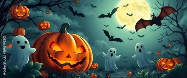 Fototapeta Anime-style Halloween scene with spooky pumpkins, ghosts, and bats against a moonlit night, drawing, october