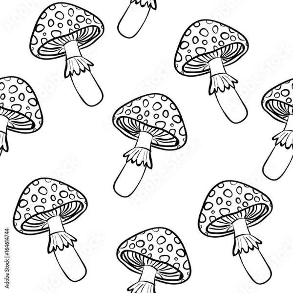Obraz Toadstools seamless vector background, black and white line drawing.