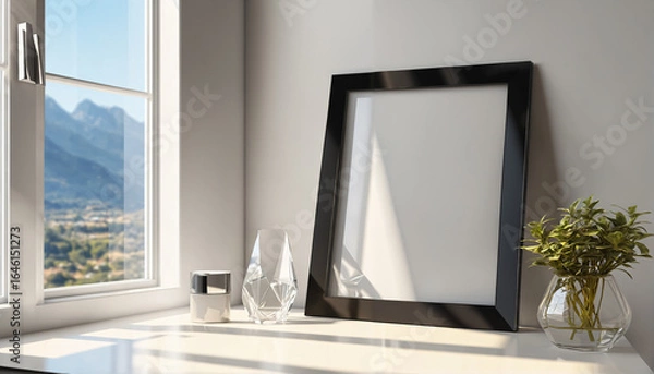 Obraz Empty Picture Frame Mockup on Window Sill with Mountain View