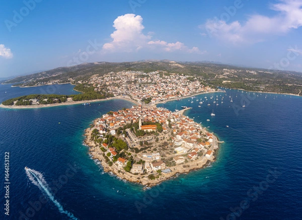 Obraz Aerial panorama of the tourist town of Primosten in Croatia. Aerial view of the landscape with the village and the Croatian Adriatic coast in summer