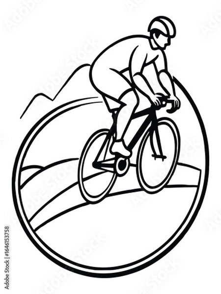 Obraz A minimalist black and white line art emblem of a cyclist on a road bike ascending a mountain landscape, framed within a circle.