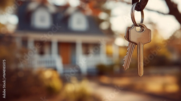 Fototapeta Keys hanging on a keychain in focus, with a blurred house in the background, symbolizing home ownership and new beginnings in a warm autumn setting