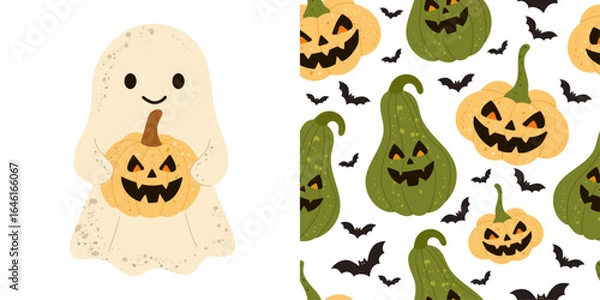 Fototapeta Halloween ghost and pumpkin pattern set featuring a cute smiling ghost holding a carved jack-o’-lantern, seamless background with green and orange gourds, spooky bats, and grinning pumpkin faces
