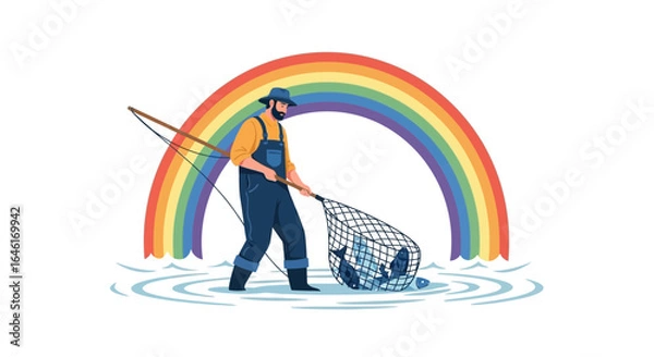 Obraz Rainbow catch: Fisherman with net under rainbow, illustration of successful fishing expedition