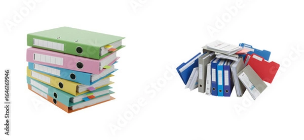 Fototapeta Organizing office files colorful binders and folders modern workspace digital documentation efficient management. Set cut out PNG