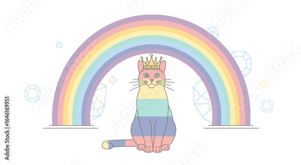 Obraz Rainbow cat with crown illustration in pastel colors, surrounded by diamonds graphic element isolated on white background
