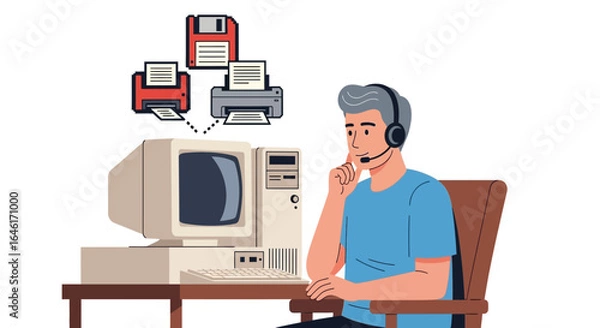 Obraz Retro IT Support Illustration: Cartoon Man with Old Computer and Peripheral Devices
