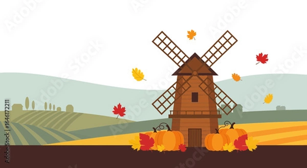 Obraz Scenic Fall Landscape with Windmill Pumpkins and Falling Leaves Depicting Autumn Harvest Season