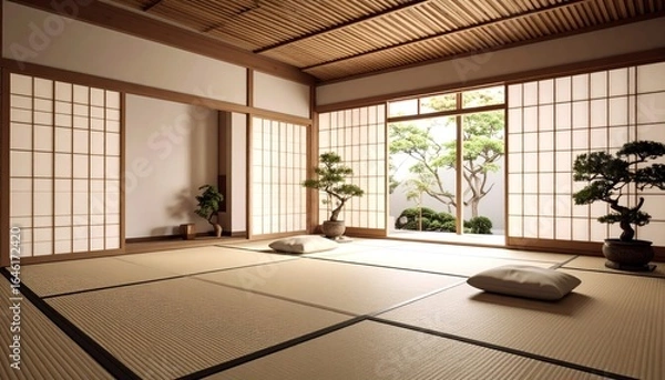 Fototapeta Minimalist Japanese Zen Room Interior with Scroll Projections and Natural Light Entering Through Open Window