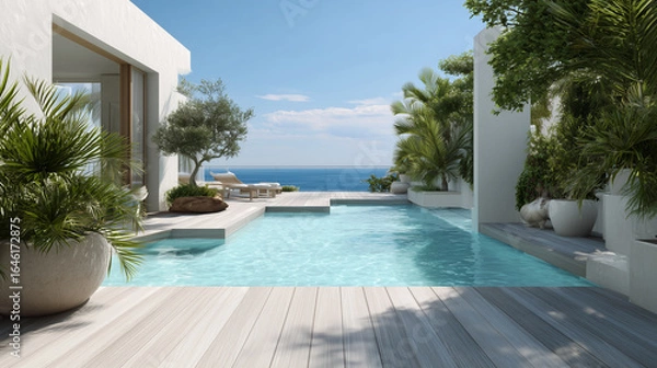 Obraz Minimalist Luxury Villa with Infinity Pool and Ocean View. Modern minimalist villa featuring a large wooden deck, infinity pool, lush tropical plants, and stunning panoramic ocean view