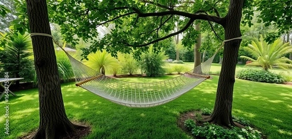 Fototapeta Relaxing hammock strung between trees in a lush green backyard, idyllic,   summer vibe
