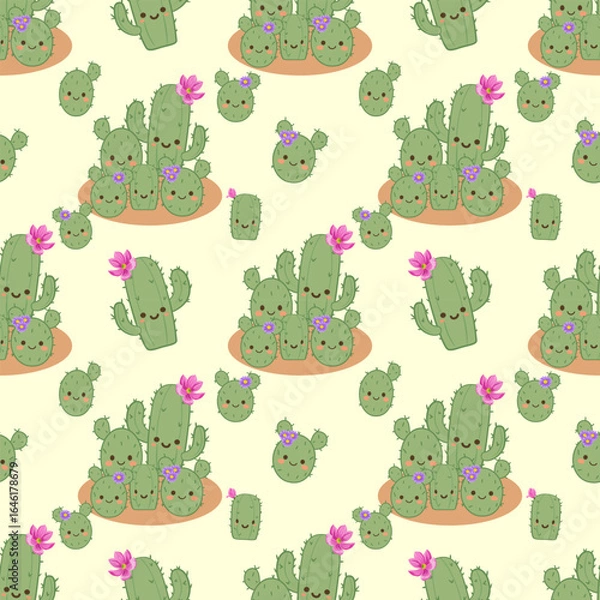 Fototapeta Cute and fun seamless vector pattern with cartoon cactus, perfect for kids designs, bedding sets, sleepwear and packaging designs.