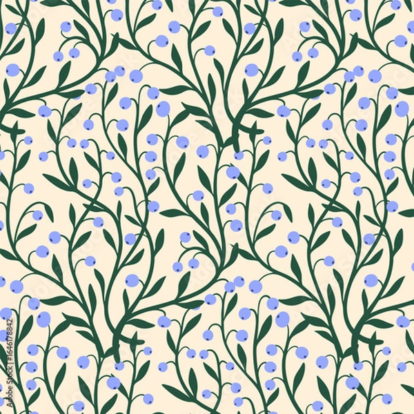 Fototapeta Vector seamless floral pattern with blueberry and leaves. For branding, design, textile, decoration.