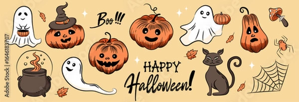 Fototapeta Jack-o-lantern set. Vector happy Halloween party invitation card with spooky pumpkins, black cat, ghosts, witch cauldron, spider web and fly agaric. Hand drawn sketch illustration clipart.