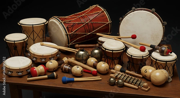 Fototapeta Varied collection of percussion instruments including drums, tambourines, maracas and a metallophone.