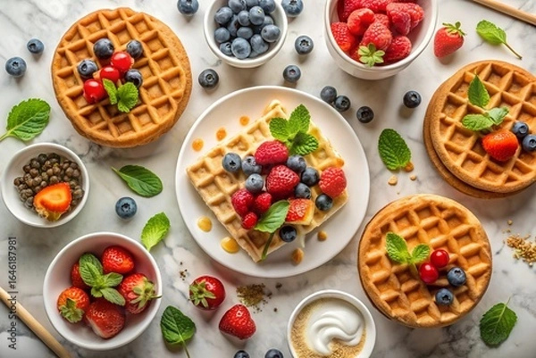 Fototapeta Delicious Waffles with Fresh Berries and Whipped Cream on a Marble Surface