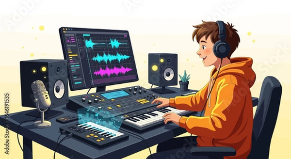 Fototapeta Young Artist Creating Music in Home Studio with Digital Audio Workstation