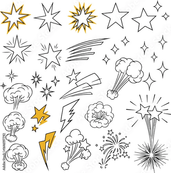 Fototapeta Cartoon star explosion lightning and fireworks icon set.