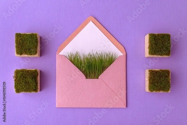 Fototapeta Pink envelope with grass and small moss blocks on a purple background.