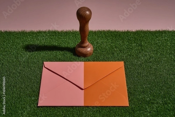 Fototapeta Bi-colored envelope sits on artificial grass with a wooden stamp.