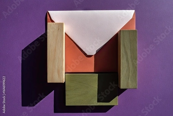 Fototapeta Geometric composition of wooden blocks and colored paper.