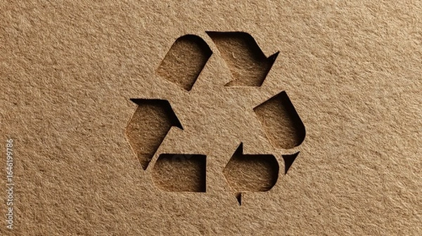 Fototapeta Eco-friendly recycle symbol cutout on textured recycled paper background, symbolizing sustainability and green initiatives