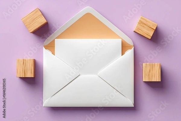 Fototapeta Open white envelope with a blank card and wooden blocks.