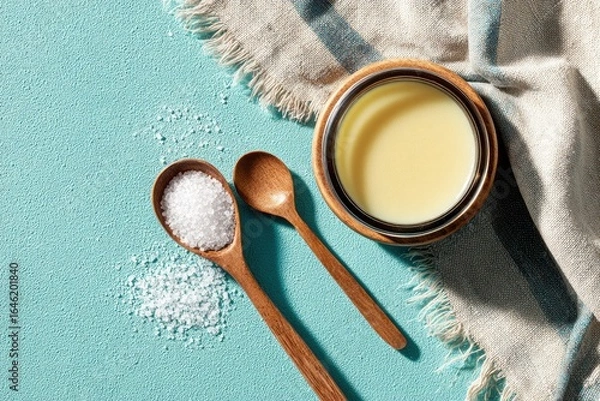 Fototapeta Wooden spoons holding salt and a container of shea butter on a teal surface.