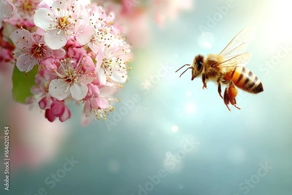 Fototapeta Honeybee in flight near delicate springtime blossoms.