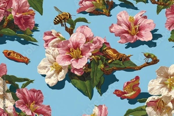 Fototapeta Detailed floral and insect pattern on a light blue background.