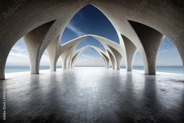Fototapeta Empty architectural space with arches and ocean view.