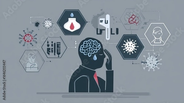 Fototapeta Conceptual visualization of flu symptoms with virus particles and prevention icons. Medical and health theme illustrating infection control.