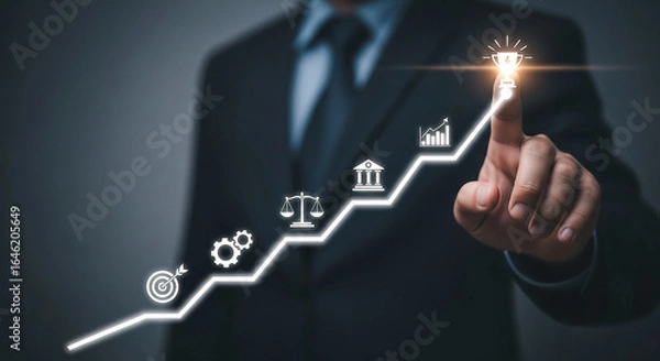 Fototapeta Photo of a businessman points to a glowing lightbulb atop a rising arrow representing business growth and success