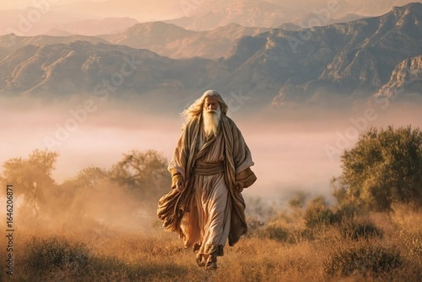 Fototapeta An elderly man with a long gray beard walking on a mountain path, dressed in light-colored clothes and a hood, creating a mystical image of a biblical prophet walking into the unknown