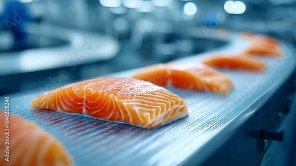 Fototapeta Fresh salmon fillets moving on a clean processing line, showcasing quality seafood production and healthy food preparation