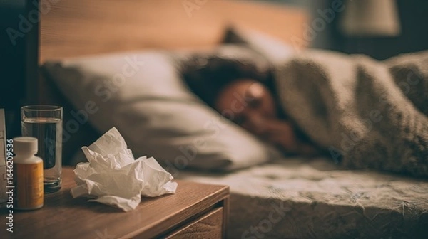 Fototapeta Cozy scene of a person resting at home surrounded by tissues, medicine, and a warm bowl of soup during illness and recovery.