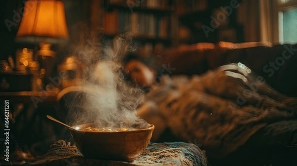 Fototapeta Cozy home scene with a person resting surrounded by tissues, medicine, and a warm bowl of soup on a wooden table. Calm and healing atmosphere.