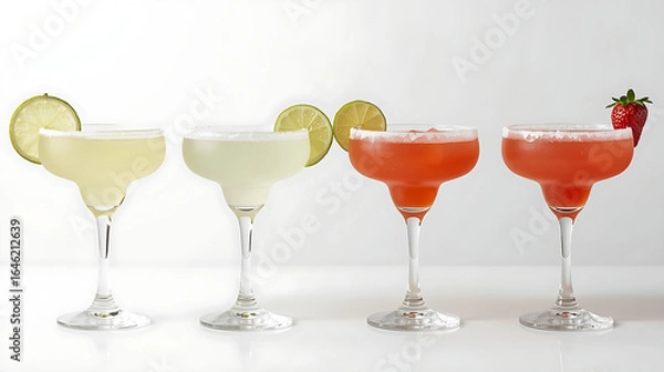 Fototapeta Four cocktails, arranged in a row on a white background, include a pale yellow margarita with lime wheel garnish, a creamier pale margarita with lime wheel, a bright red strawberry margarita with lime