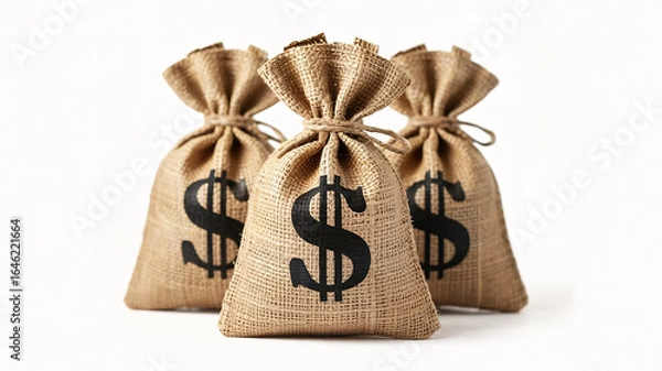 Fototapeta Three burlap money bags emblazoned with dollar signs, symbolizing wealth and financial success