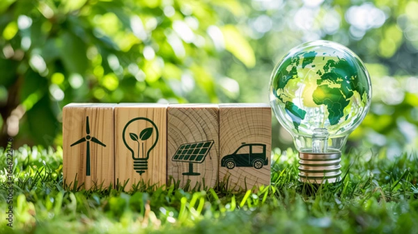 Fototapeta Sustainable energy concepts visualized with eco-friendly icons and a glowing earth lightbulb on grass