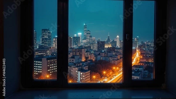 Fototapeta View from the window to the city lights, urban space, night buildings
