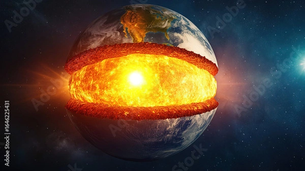 Fototapeta Cross section of earth revealing its fiery core and molten mantle layers in outer space