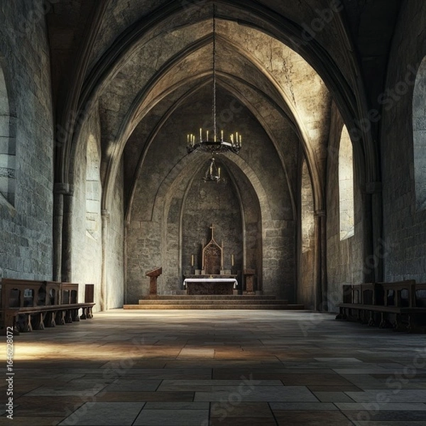 Fototapeta Stone Church Interior with Arched Apse and Empty Altar Space