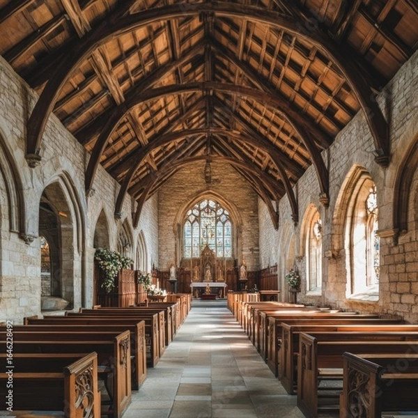 Fototapeta High Wooden Ceiling in Stone Chapel with Aisles and Natural Light