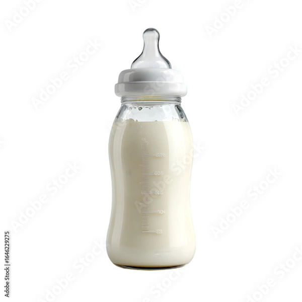 Fototapeta A clear baby bottle filled with white milk and a white nipple cap isolated on transparent background
