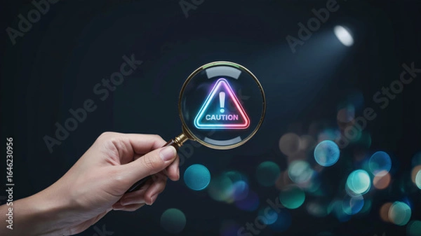 Fototapeta Uncover crucial warnings with a magnifying glass, highlighting the essential caution sign for risk assessment and safety.