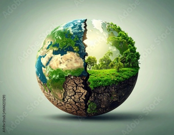 Fototapeta Fictional 3D Earth split into two halves: one lush and green, the other cracked and barren.