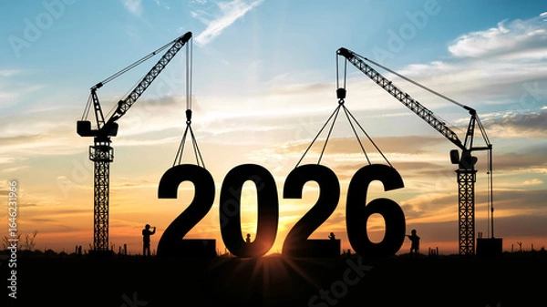 Fototapeta Cranes build the year 2026 against a vibrant sunset, symbolizing progress and future.