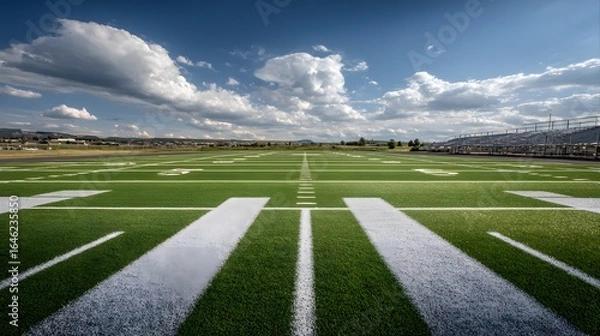 Fototapeta Expansive football field under a partly cloudy sky.